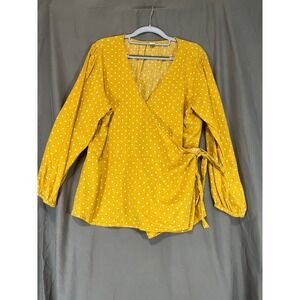Old Navy Womens Mustard Yellow Polka Dot Long Sleeve Wrap Peplum Blouse Size L